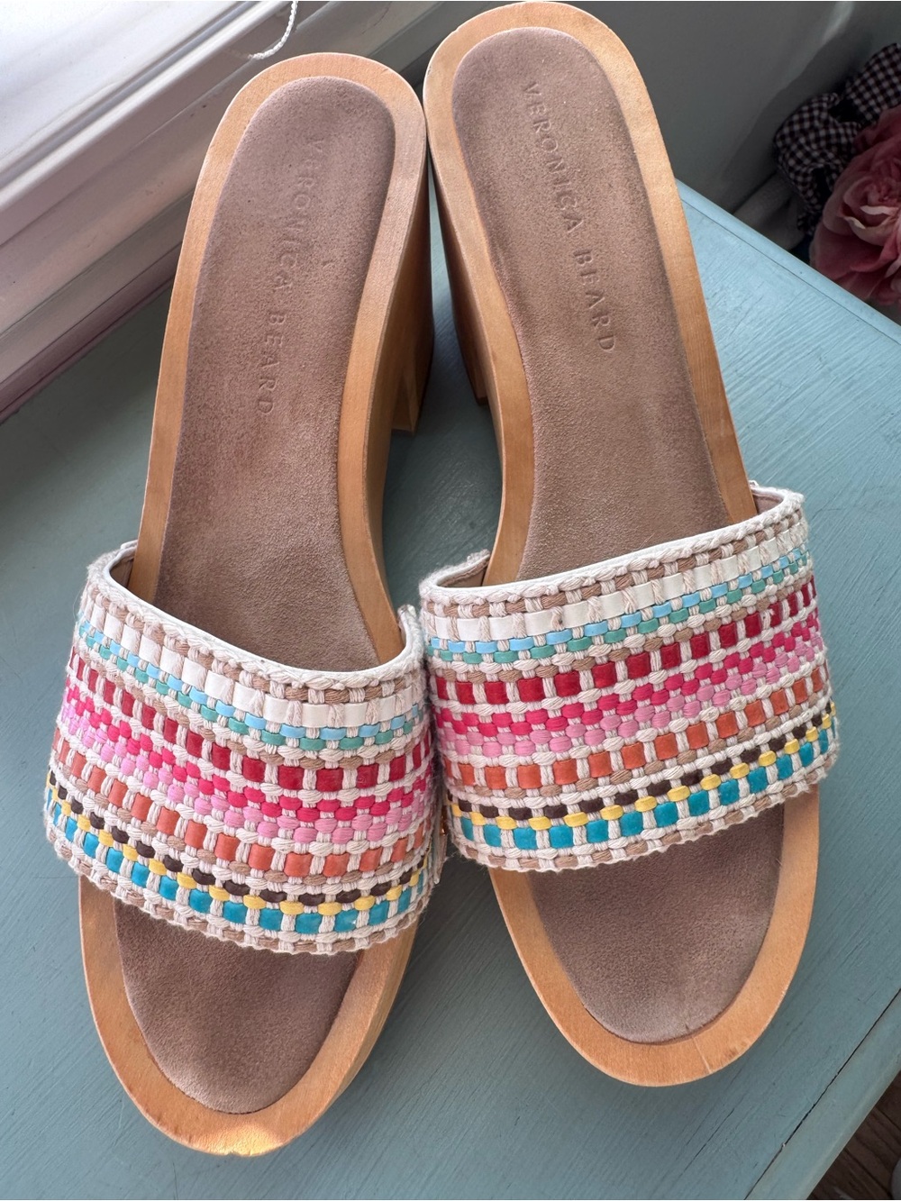 Veronica Beard Multicolor Woven Slide Mules - Pink, Blue & Tan